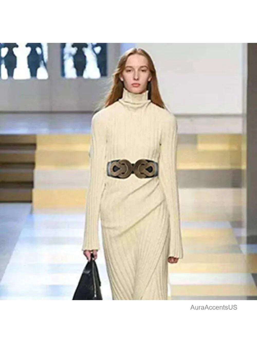Wide Elastic Waist Belt with Interlock Buckle Faux Leather